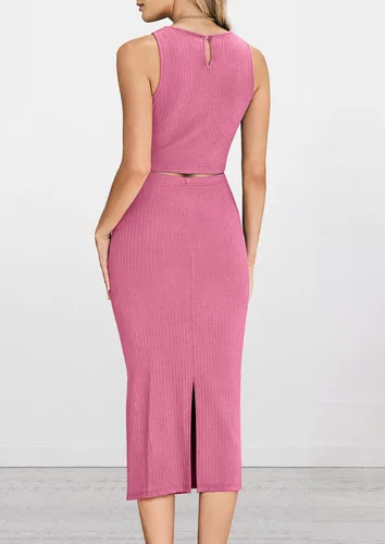 Vista 8 de PRETTYGARDEN Conjunto de 2 piezas de verano para mujer, cuello redondo, sin mangas, con abertura, falda midi