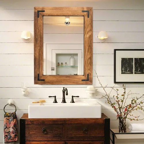 Vista 15 de YOSHOOT Espejo de pared con marco de madera rústica, espejo de tocador de baño de madera natural para decoración de granja, colgante vertical u Negro