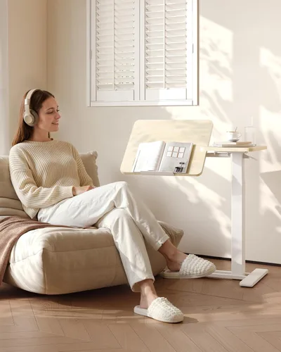 Vista 22 de FLEXISPOT Mesa auxiliar en forma de C de altura ajustable con parte superior inclinable dividida, mesa auxiliar móvil para sofá y mesita de noche
