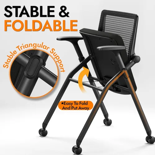 Vista 9 de FYLICA Silla de Oficina Plegable con Ruedas de PU y Reposabrazos Suave - Respaldo de Malla Ergonómica Elástica, Silla Apilable para Sala