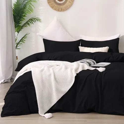 Vista 17 de ATsense Funda de edredón tamaño individual, 100% algodón lavado, sensación de lino, funda de edredón blanco hueso, juego de ropa de cama de 3