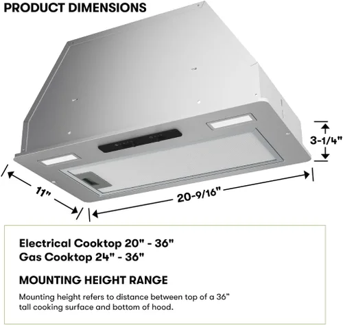 Vista 3 de Zephyr Campana extractora de inserción de 21 pulgadas, 400 CFM, potencia de 3 velocidades, ventilador Tornado, mini toldo de ventilación integrado