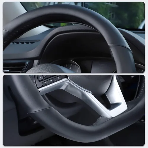 Vista 3 de SEG Direct Funda para volante de coche con fondo plano, forma D, 14 1/2-15 pulgadas (37-39 cm), cuero de microfibra negro