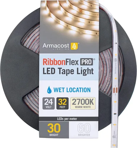 Vista 10 de Armacost Lighting RibbonFlex Pro Soft White (3000K), 30LEDs/M, 2.5M, 24V Luz de cinta para exteriores, 8.2 pies (144410)