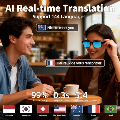 Vista 2 de Lentes Bluetooth inteligentes AI, Bluetooth 5.4, lentes de sol de traducción de oreja abierta con 144 idiomas y acentos, lentes polarizados UV400