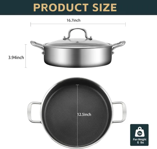Vista 4 de Sartén Saltear de Acero Inoxidable de Tres Capas de 7 Cuartos, Sartén Antiadherente de 12 Pulgadas con Tapas, Utensilios de Cocina de Calor Rápido