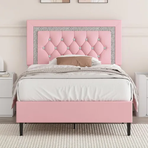 Vista 14 de BarnFurin Marco de Cama Individual con Cabecera Acolchada con Botones, Marco de Cama Plataforma Tapizada con Diseño de Diamante, Soporte de Listones