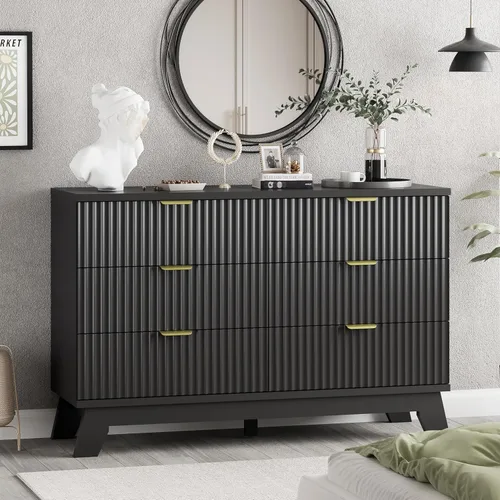 Vista 17 de Cómoda acanalada para dormitorio con 6 cajones, cajonera moderna de 46 pulgadas de alto con mango de metal, soporte de TV de cómoda de madera