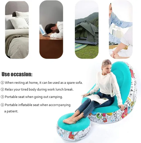 Vista 4 de Sofá perezoso, sofá inflable, silla de descanso inflable familiar, sofá flocado con patrón de graffiti, con cojín inflable para pies, adecuado