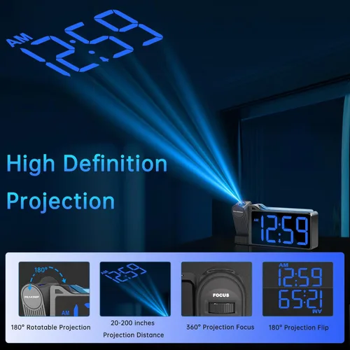 Vista 2 de Peakeep Projection Alarm Clock for Bedroom Ceiling 180° Rotatable, Loud for Heavy Sleepers, Colorful Nightlight, 5 Brightness Dimmable Large Number