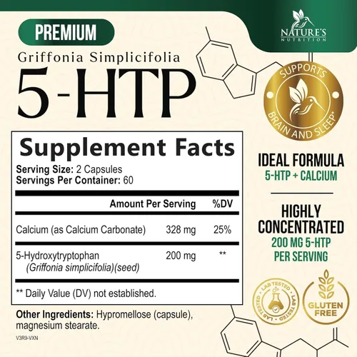 Vista 3 de Cápsulas de 5-HTP de 200 mg, apoyo extra fuerte para el estrés, suplemento de 5-hidroxitriptófano del extracto de semillas de Griffonia