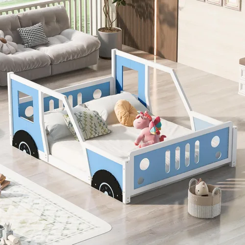 Vista 136 de Cama de plataforma en forma de auto de carreras de tamaño individual con ruedas, marco de cama de plataforma de madera con dos asientos y soporte
