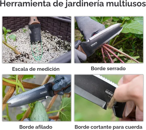 Vista 2 de PERWIN Hori Hori - Cuchillo de jardín, herramientas de jardín con funda para desmalezar, plantar, excavar, hoja de acero inoxidable de 7 pulgadas
