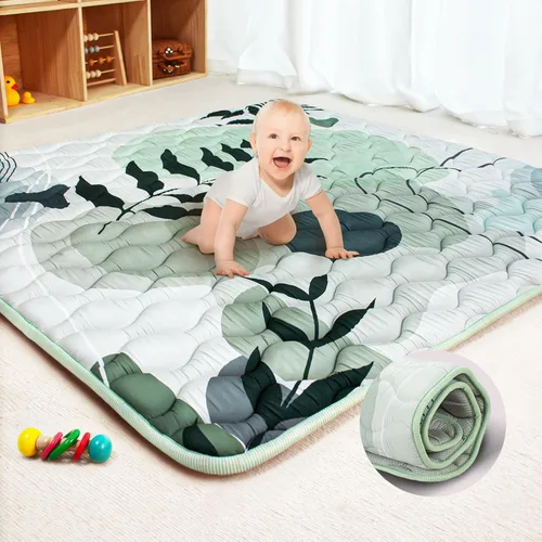 Tapete de juego para bebé, 50 x 50 pulgadas, tapete grueso de espuma suave para bebé, plegable y lavable para suelo (hoja verde)