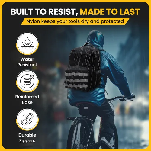 Vista 6 de Mochila de herramientas resistente con 3 bolsas de almacenamiento, bolsa organizadora de herramientas táctica reflectante con soporte acolchado