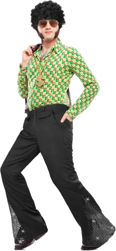 Vista 7 de Men's 70s Disco Costume Sequin Bell Bottom Pants Mens Bootcut Trousers with Wig Sunglasses Disco Necklace for Party