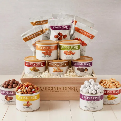 Virginia Diner Juego de regalo hecho a mano en caja de madera, 9 nueces surtidas, mezclas y chocolates, más de 6 libras