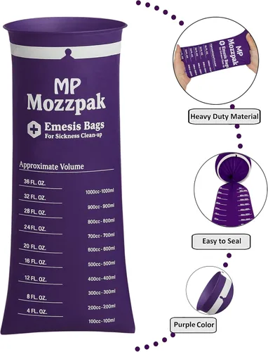 Vista 5 de MP MOZZPAK Bolsas desechables para vómito, paquete de 35 bolsas de emisis de 3.5 onzas líquidas, bolsa de Barf a prueba de fugas, bolsa de vomitos