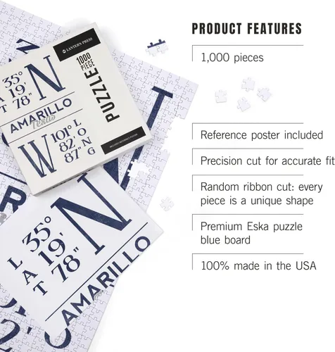 Vista 3 de Amarillo, Texas, Latitude and Longitude (Blue) (1000 Piece Puzzle, Challenging Jigsaw Puzzle for Adults, Made in USA)