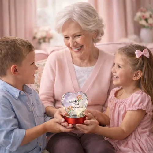 Vista 2 de Corazón para la abuela con luz LED con la leyenda "World 's Best Grandma" Corazón de vidrio grabado corazón en base de luz LED.
