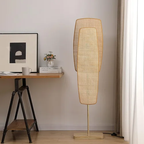 Vista 5 de Amud - Lámpara de pie, 2 luces con paneles de mimbre de bambú, acabado de madera, color beige