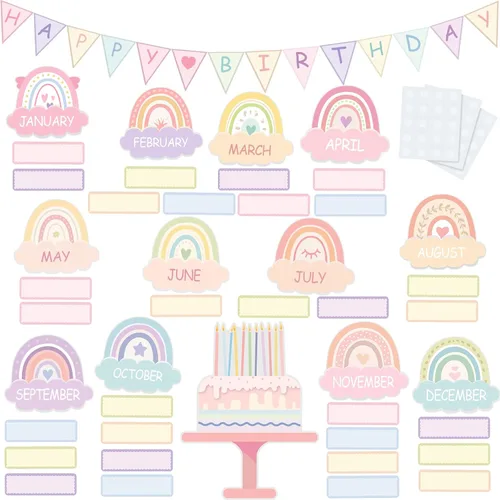 Vista 8 de Juego de 60 piezas de decoración bohemia para tablón de anuncios de cumpleaños, tablero de anuncios de arcoíris, decoración de pared, recortes