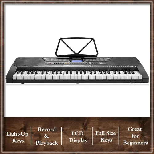 Vista 4 de Ashthorpe 61-Key Digital Keyboard Piano with Light Up Keys, Electronic Beginner Piano Kit with Stand, Stool, Headphones, Microphone, and Note