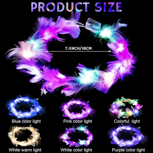 Vista 2 de Janinka 22 diademas con plumas LED, corona de flores multicolor, accesorios para el cabello para niñas y mujeres, azul, multicolor, verde, blanco