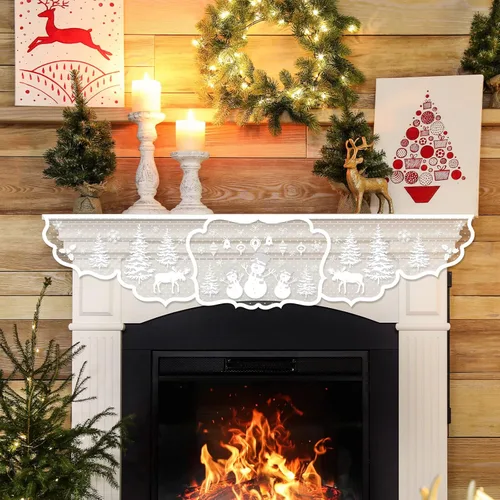 Vista 2 de Bufanda de chimenea de Navidad de 20 x 90 pulgadas, paño para chimenea, muñeco de nieve blanco, decoración de árbol de Navidad, cubierta de mantel