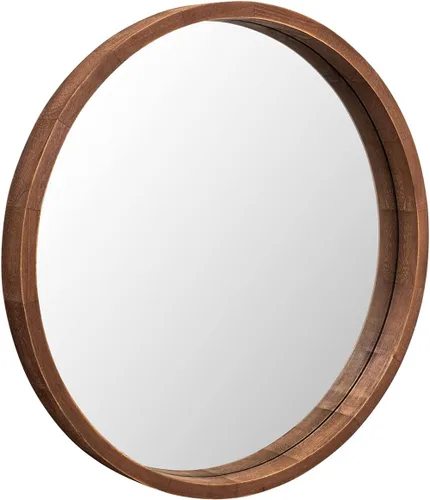 Vista 4 de LYYYXGYP Espejo redondo de madera de 24 pulgadas, espejo de pared de granja con marco de madera, espejo circular marrón para baño