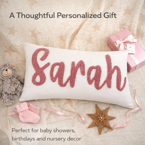 Vista 4 de mia'spillow lab Personalized Name Pillow – Custom Embroidered Kids Cushion with Punch Needle Design, Handmade Cotton Decor for Nursery or Bedroom