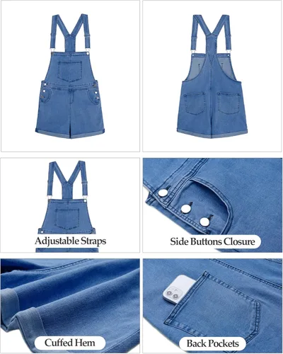Vista 6 de Vetinee - Overol corto clásico de mezclilla con tirantes ajustables para mujer, con dobladillo con puño