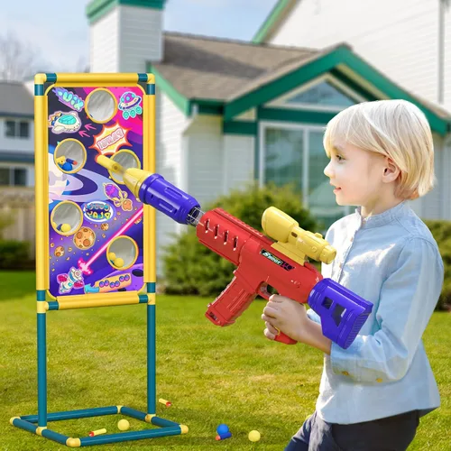 Vista 4 de TEMI Juguete de disparos 2 en 1 para niños, pistolas de aire de espuma con objetivo de disparo, 12 bolas de espuma, 20 dardos de espuma, juguetes
