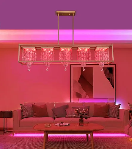 Vista 7 de MEIXISUE Candelabros de cristal para comedor, lámpara rectangular moderna y contemporánea dorada para cocina, isla de comedor, bar, luz RGB que