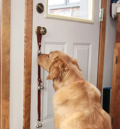 Vista 5 de Timbres de cuero para perro para perilla de puerta, entrenamiento para ir al baño, ajuste de longitud, campanas de perro de cobre, campanas