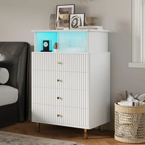 Vista 8 de ChooChoo Cómoda para dormitorio con gran capacidad, cómoda de 4 cajones con LED y acrílico, cómoda moderna blanca y dorada, cómoda con espacio