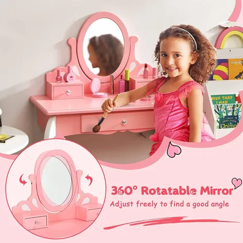 Vista 4 de KOTEK Juego de tocador para niños con espejo y taburete, tocador de madera de princesa 2 en 1 con espejo giratorio de 360°, parte superior