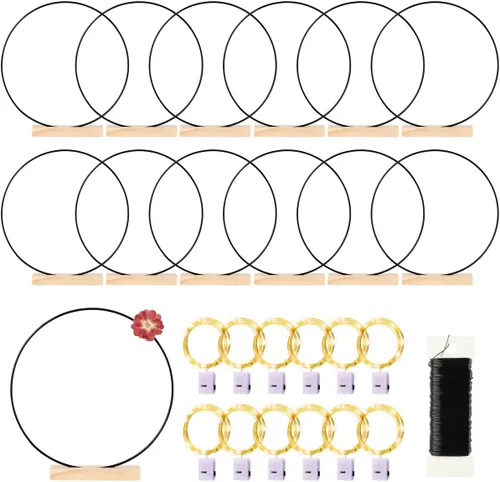 Paquete de 12 aros florales con soporte y luces LED de hadas de 10 pulgadas, anillos de metal para centros de mesa DIY, decoraciones de mesa,
