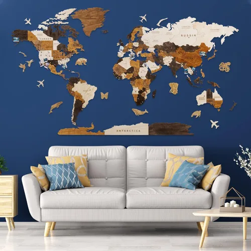 Vista 2 de HYPERI Decoración de pared de mapa del mundo de madera 3D multicapa, decoración de pared de arte de madera, mapa mundi para pared, mapas del mundo