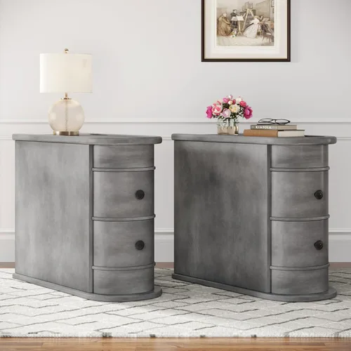 Vista 11 de Mesa auxiliar de madera con 3 cajones, no requiere montaje, mesa auxiliar estrecha para sofá para sala de estar, mesita de noche delgada vintage