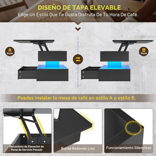 Vista 6 de SEDETA Mesa de centro elevable de 40 pulgadas, mesas de centro con almacenamiento para sala de estar, mesa de centro pequeña con 2 cajones y luz LED