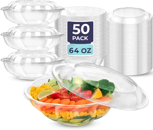 Vista 15 de Fit Meal Prep 50 unidades 18 onzas Tazones desechables de plástico transparente para ensalada con tapas herméticas - Para llevar para almuerzo