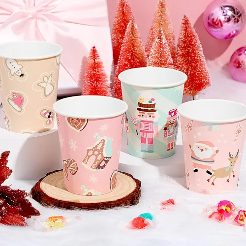Vista 4 de Maxcheck 100 vasos de papel rosa de Navidad de 9 onzas, vasos desechables de copos de nieve rosados, tazas de café de Navidad, tazas de bebidas