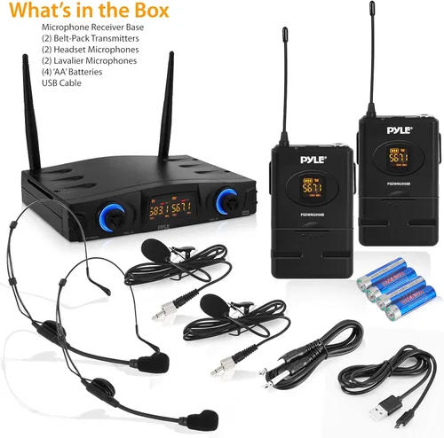 Vista 7 de Pyle Sistema de micrófono inalámbrico UHF compacto Pro portátil de doble canal de escritorio digital con 2 transmisores de cinturón, receptor, 2