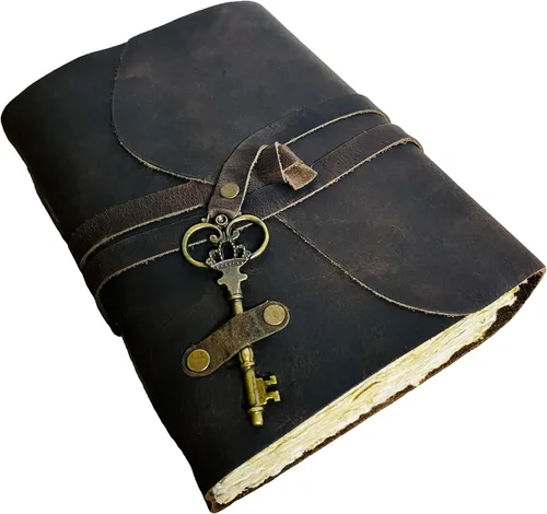 Diario de cuero vintage – Papel vintage hecho a mano antiguo – Diario de llaves encuadernado de cuero para mujeres y hombres – Diario de libro de