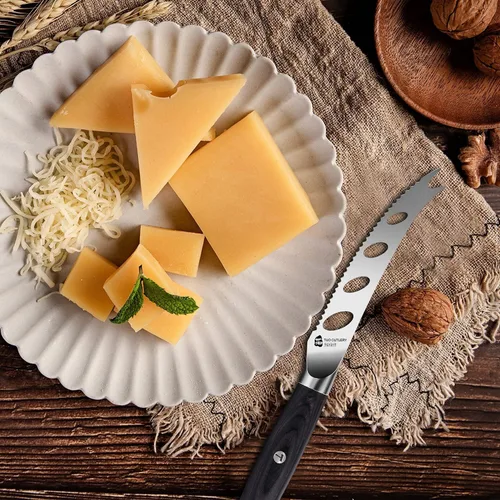 Vista 4 de TUO Cuchillo para cortar queso, cuchillo de tomate dentado de 5 pulgadas, con punta bifurcada y hoja antiadherente, acero alemán de alto carbono