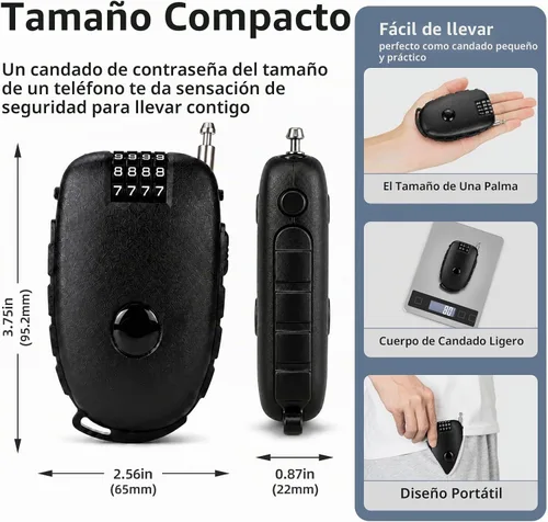 Vista 4 de JAGASOL Candado para casco de motocicleta, combinación de 4 dígitos, bloqueo de cable retráctil de 27.5 pulgadas para tabla de snowboard, bicicleta