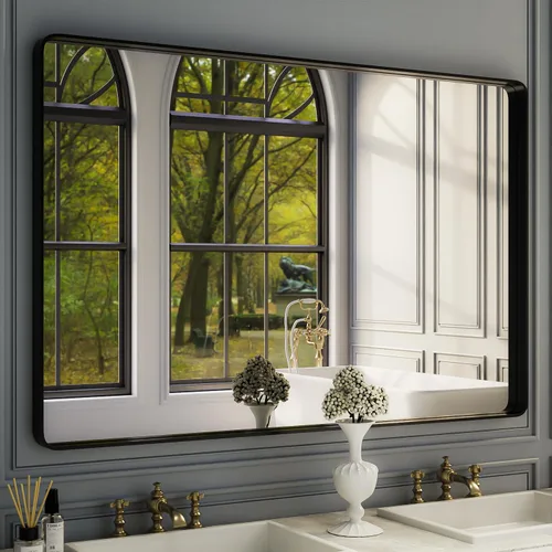 Vista 36 de ISKM Espejo de baño con marco de metal negro para pared de 40 x 32 pulgadas, espejo rectangular redondeado, antioxidante (horizontal/vertical)