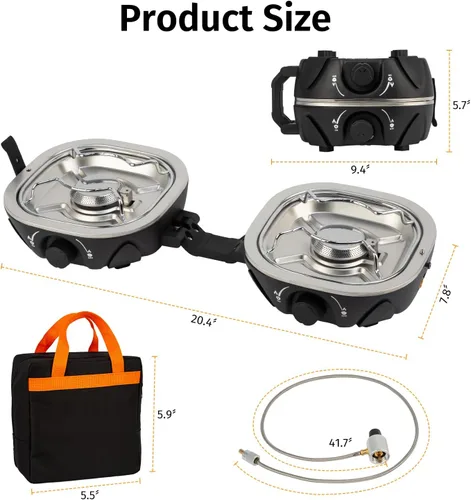 Vista 9 de INFOOD Estufa de camping de propano de 20,000 BTU – Estufa de gas portátil de 2 quemadores con control de llama ajustable, encendido piezoeléctrico