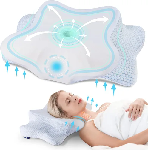 Vista 12 de DONAMA - Almohada cervical para cuello y hombros, diseño de espuma viscoelástica contorneado, soporte ergonómico para dormir de lado, espalda o boca